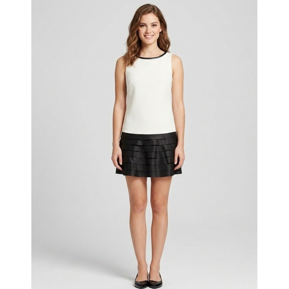 Ann Taylor mini Dress size 6 off White Black Faux Leather Tiered Sleeveless